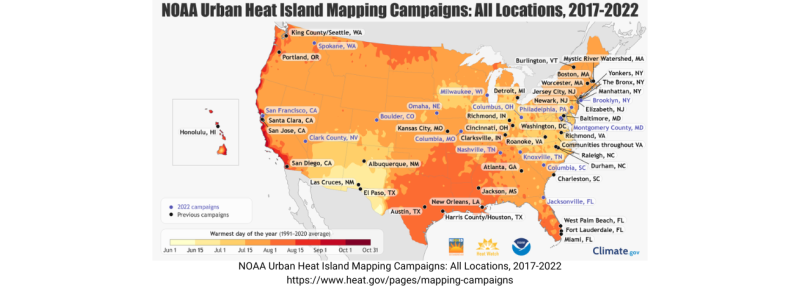 NOAA Urban Heat Island Map of All Locations, 2017-2022