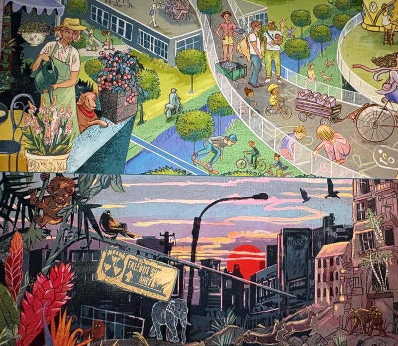 The image is divided into two contrasting scenes. The top half shows a bright, idyllic cityscape. The bottom half depicts a ruined city after catastrophe. 